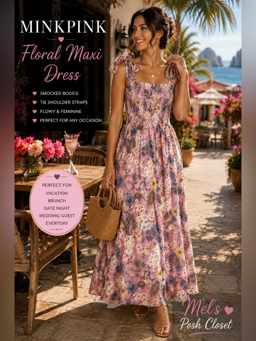 💞MINKPINK Pink Floral Smocked Tie Shoulder Maxi Dress XS💞